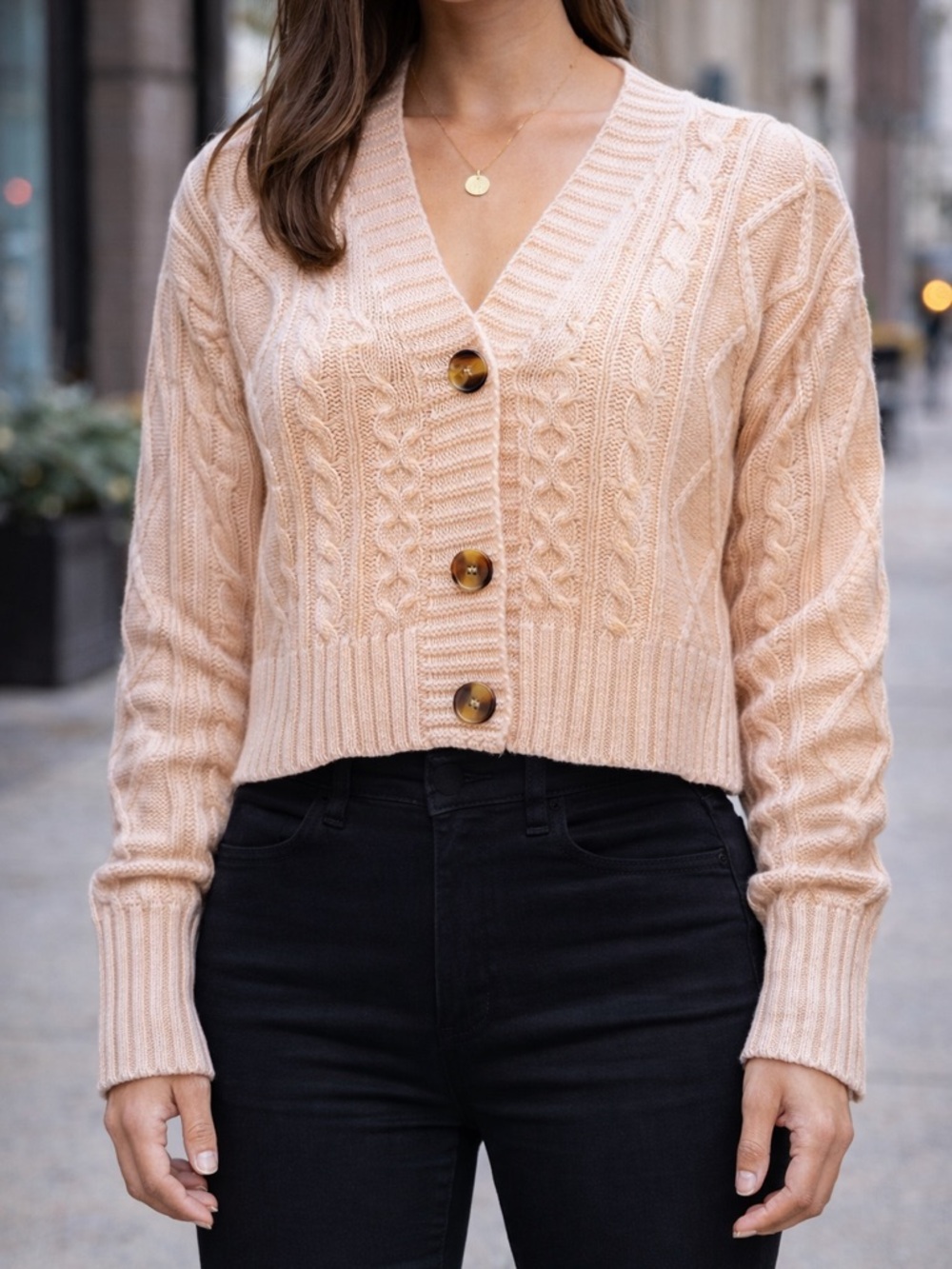 Blush Cropped Cable-Knit V-Neck Button Cardigan - Blush